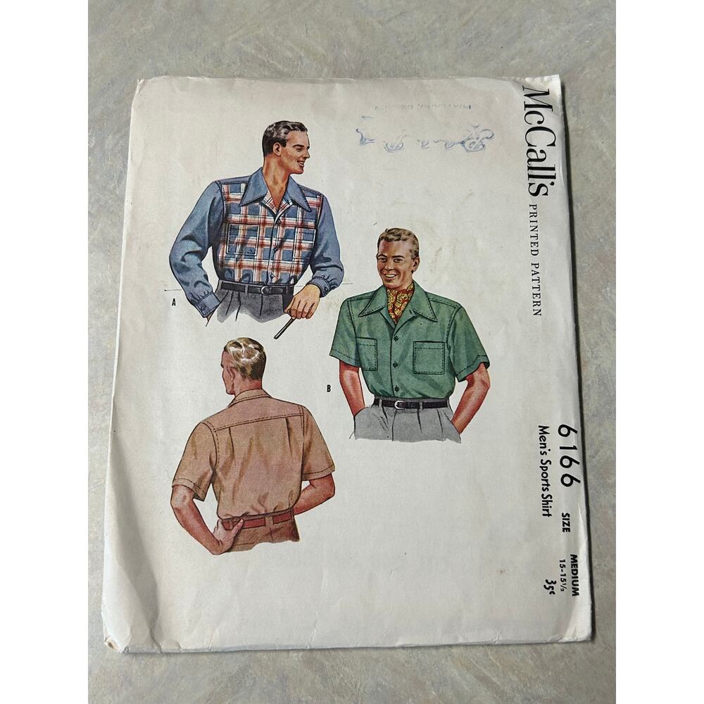 Vintage 1945 McCalls Pattern #6166 Men's Sport Shirt Size M 15-15.5" Neck